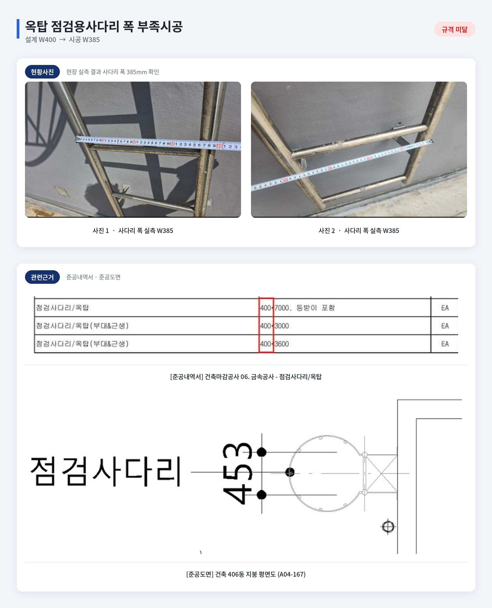 옥상 부대시설 및 공용 계단실 시공 규격 실측 조사