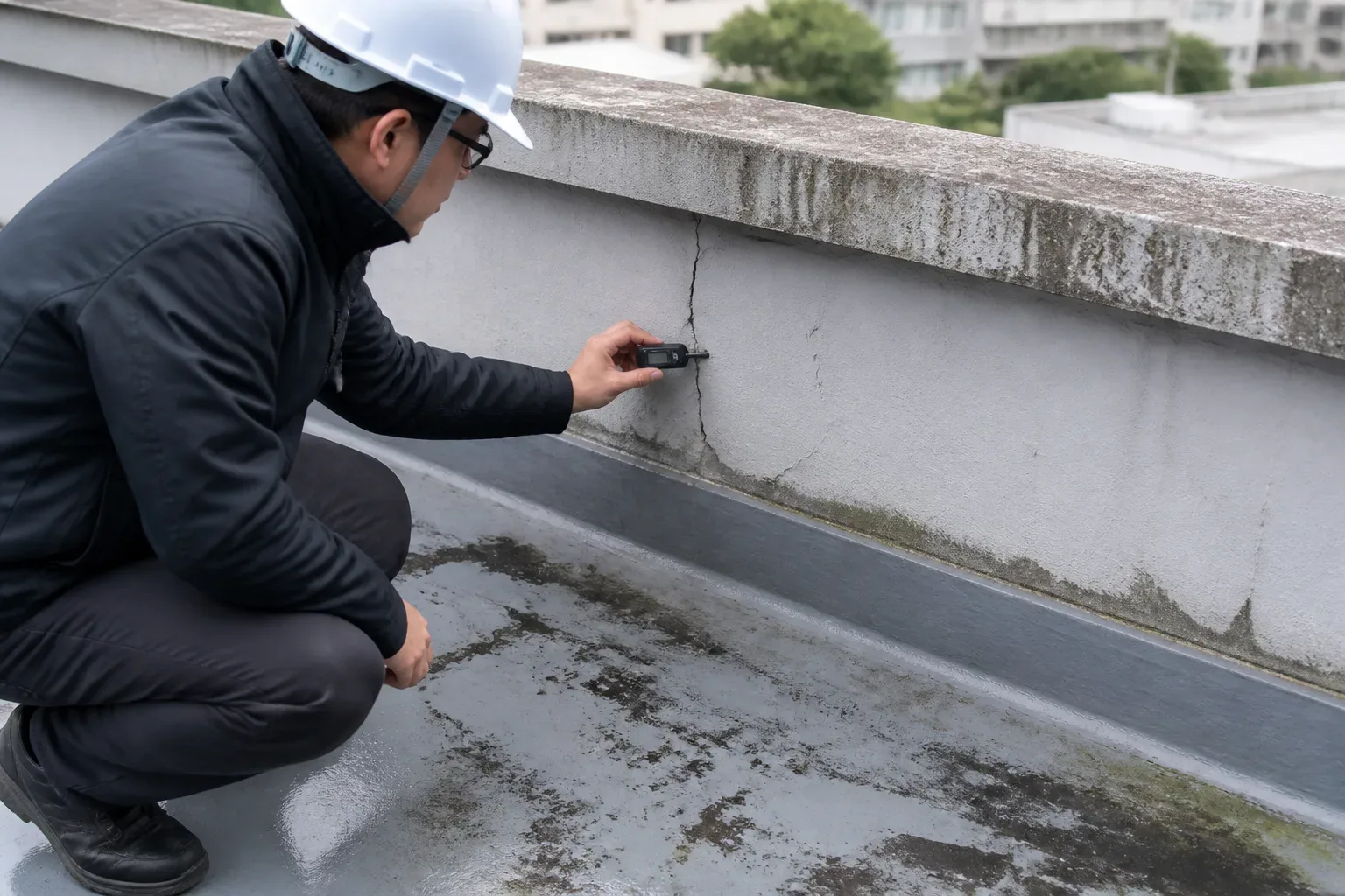 학교 옥상 파라펫 균열 측정 및 콘크리트 슬래브 외관 안전점검 현장