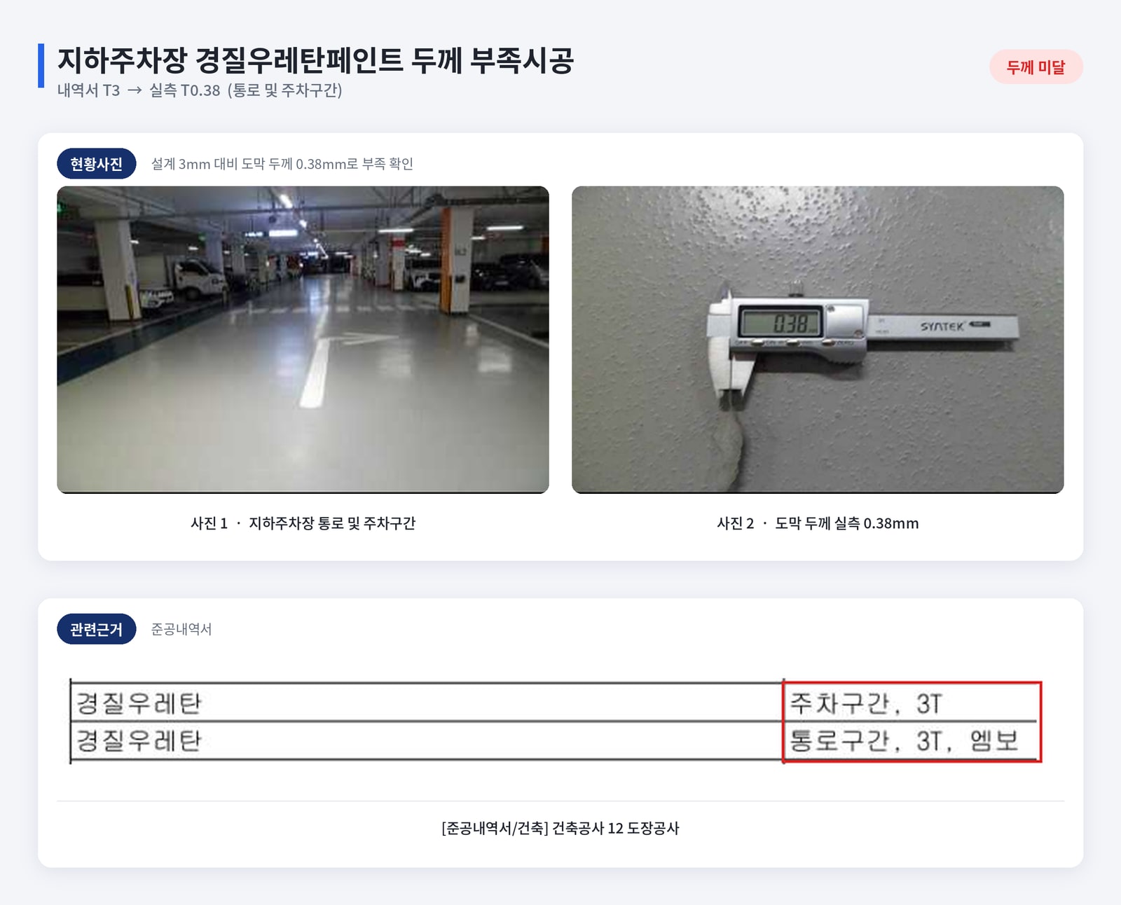 공동주택 마감재 현장 두께와 설계 규격 대조