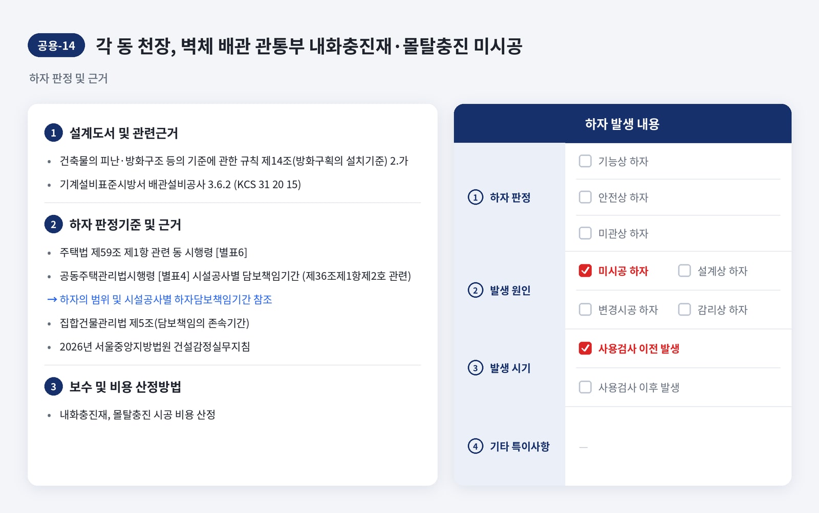공동주택 하자진단에서 시공 결함을 시점별 공간별로 분류해 기록